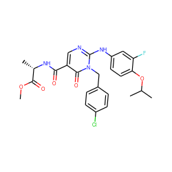 COC(=O)[C@H](C)NC(=O)c1cnc(Nc2ccc(OC(C)C)c(F)c2)n(Cc2ccc(Cl)cc2)c1=O ZINC000221182382
