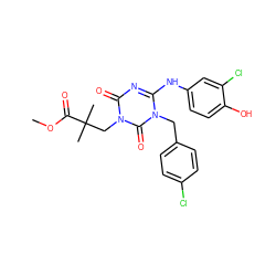 COC(=O)C(C)(C)Cn1c(=O)nc(Nc2ccc(O)c(Cl)c2)n(Cc2ccc(Cl)cc2)c1=O ZINC000200513736
