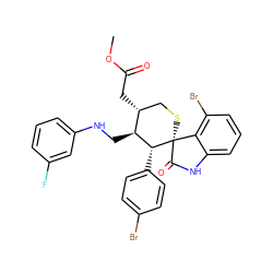 COC(=O)C[C@@H]1CS[C@]2(C(=O)Nc3cccc(Br)c32)[C@H](c2ccc(Br)cc2)[C@H]1CNc1cccc(F)c1 ZINC001772640757