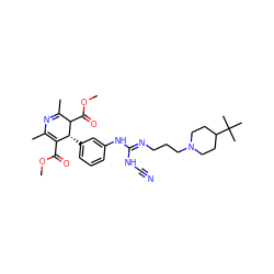 COC(=O)C1=C(C)N=C(C)C(C(=O)OC)[C@@H]1c1cccc(N/C(=N/CCCN2CCC(C(C)(C)C)CC2)NC#N)c1 ZINC000027087013