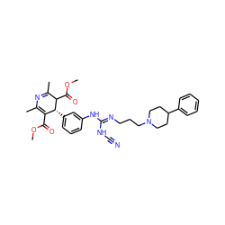 COC(=O)C1=C(C)N=C(C)C(C(=O)OC)[C@@H]1c1cccc(N/C(=N/CCCN2CCC(c3ccccc3)CC2)NC#N)c1 ZINC000027082571