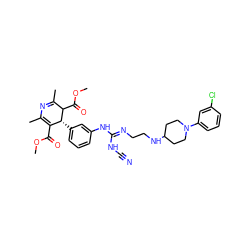 COC(=O)C1=C(C)N=C(C)C(C(=O)OC)[C@@H]1c1cccc(N/C(=N/CCNC2CCN(c3cccc(Cl)c3)CC2)NC#N)c1 ZINC000028463227