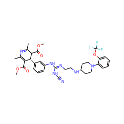 COC(=O)C1=C(C)N=C(C)C(C(=O)OC)[C@@H]1c1cccc(N/C(=N/CCNC2CCN(c3ccccc3OC(F)(F)F)CC2)NC#N)c1 ZINC000028463476