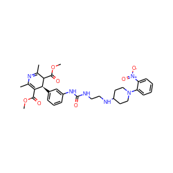 COC(=O)C1=C(C)N=C(C)C(C(=O)OC)[C@H]1c1cccc(NC(=O)NCCNC2CCN(c3ccccc3[N+](=O)[O-])CC2)c1 ZINC000028460913