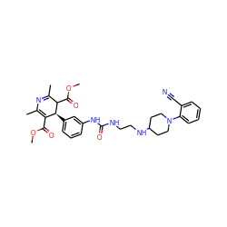 COC(=O)C1=C(C)N=C(C)C(C(=O)OC)[C@H]1c1cccc(NC(=O)NCCNC2CCN(c3ccccc3C#N)CC2)c1 ZINC000028462384