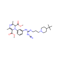 COC(=O)C1=C(C)N=C(C)C(C(=O)OC)N1c1cccc(N/C(=N/CCCN2CCC(C(C)(C)C)CC2)NC#N)c1 ZINC000100040205