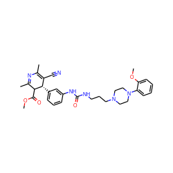 COC(=O)C1C(C)=NC(C)=C(C#N)[C@@H]1c1cccc(NC(=O)NCCCN2CCN(c3ccccc3OC)CC2)c1 ZINC000036351445