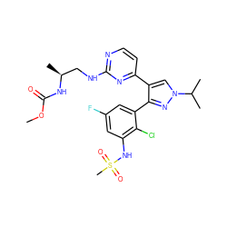 COC(=O)N[C@@H](C)CNc1nccc(-c2cn(C(C)C)nc2-c2cc(F)cc(NS(C)(=O)=O)c2Cl)n1 ZINC000148626044