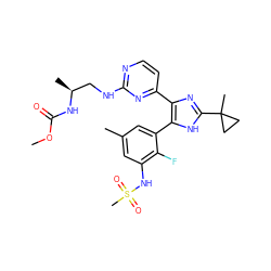 COC(=O)N[C@@H](C)CNc1nccc(-c2nc(C3(C)CC3)[nH]c2-c2cc(C)cc(NS(C)(=O)=O)c2F)n1 ZINC000169694670