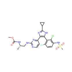COC(=O)N[C@@H](C)CNc1nccc(-c2nc(C3CC3)[nH]c2-c2c(F)ccc(NS(C)(=O)=O)c2Cl)n1 ZINC000169694691