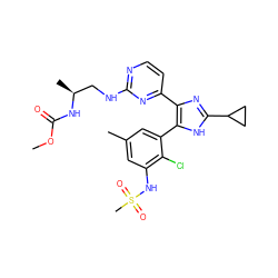 COC(=O)N[C@@H](C)CNc1nccc(-c2nc(C3CC3)[nH]c2-c2cc(C)cc(NS(C)(=O)=O)c2Cl)n1 ZINC000169694660