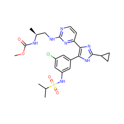 COC(=O)N[C@@H](C)CNc1nccc(-c2nc(C3CC3)[nH]c2-c2cc(Cl)cc(NS(=O)(=O)C(C)C)c2)n1 ZINC000169694645
