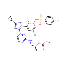 COC(=O)N[C@@H](C)CNc1nccc(-c2nc(C3CC3)[nH]c2-c2cc(Cl)cc(NS(=O)(=O)c3ccc(F)cc3)c2F)n1 ZINC000169694674