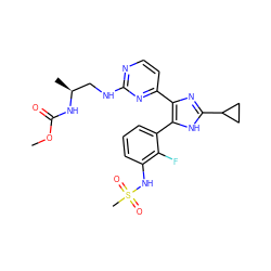 COC(=O)N[C@@H](C)CNc1nccc(-c2nc(C3CC3)[nH]c2-c2cccc(NS(C)(=O)=O)c2F)n1 ZINC000169694653