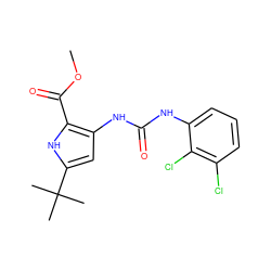 COC(=O)c1[nH]c(C(C)(C)C)cc1NC(=O)Nc1cccc(Cl)c1Cl ZINC000000602917