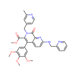 COC(=O)c1c(-c2cc(OC)c(OC)c(OC)c2)c2ccc(NCc3ccccn3)nc2c(=O)n1Cc1ccnc(C)c1 ZINC000026388439