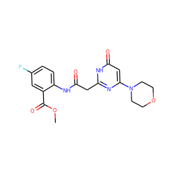COC(=O)c1cc(F)ccc1NC(=O)Cc1nc(N2CCOCC2)cc(=O)[nH]1 ZINC000115069837