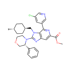 COC(=O)c1cc2nc(N3CCOC[C@H]3c3ccccc3)n(C[C@H]3CC[C@H](C)CC3)c2c(-c2cncc(Cl)c2)n1 ZINC000261171191