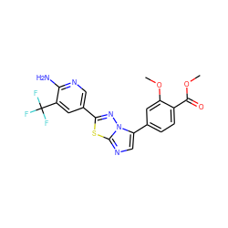 COC(=O)c1ccc(-c2cnc3sc(-c4cnc(N)c(C(F)(F)F)c4)nn23)cc1OC ZINC000068247390