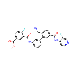 COC(=O)c1ccc(F)c(C(=O)Nc2cccc(-c3cc(C(=O)Nc4ccncc4F)ccc3CN)c2)c1 ZINC000206425233