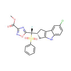 COC(=O)c1noc([C@](F)([C@H]2Cc3[nH]c4ccc(Cl)cc4c3C2)S(=O)(=O)c2ccccc2)n1 ZINC000034470954
