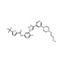 COCCCN1CCN(c2cncc(-c3cn(-c4cc(NC(=O)c5ccc(C(C)(C)C)o5)ccc4C)nn3)c2)CC1 ZINC000072317202