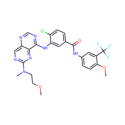 COCCN(C)c1ncc2ncnc(Nc3cc(C(=O)Nc4ccc(OC)c(C(F)(F)F)c4)ccc3Cl)c2n1 ZINC000148063760