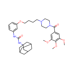 COc1cc(C(=O)N2CCN(CCCCOc3cccc(NC(=O)NC45CC6CC(CC(C6)C4)C5)c3)CC2)cc(OC)c1OC ZINC000066251475
