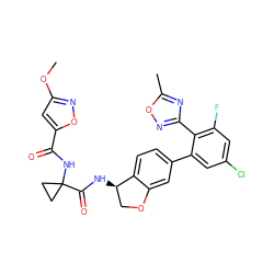 COc1cc(C(=O)NC2(C(=O)N[C@@H]3COc4cc(-c5cc(Cl)cc(F)c5-c5noc(C)n5)ccc43)CC2)on1 ZINC000142264068