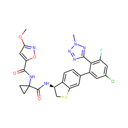 COc1cc(C(=O)NC2(C(=O)N[C@@H]3CSc4cc(-c5cc(Cl)cc(F)c5-c5nnn(C)n5)ccc43)CC2)on1 ZINC000142250452