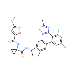 COc1cc(C(=O)NC2(C(=O)N[C@H]3CCc4cc(-c5cc(Cl)cc(F)c5-c5noc(C)n5)ccc43)CC2)on1 ZINC000142311646