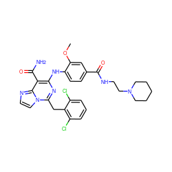 COc1cc(C(=O)NCCN2CCCCC2)ccc1Nc1nc(Cc2c(Cl)cccc2Cl)n2ccnc2c1C(N)=O ZINC000200855884