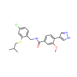 COc1cc(C(=O)NCc2ccc(Cl)cc2SCC(C)C)ccc1-c1cn[nH]c1 ZINC000213996811