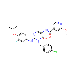 COc1cc(C(=O)Nc2cnc(Nc3ccc(OC(C)C)c(F)c3)n(Cc3ccc(Cl)cc3)c2=O)ccn1 ZINC000219571544