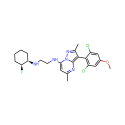 COc1cc(Cl)c(-c2c(C)nn3c(NCCN[C@@H]4CCCC[C@@H]4F)cc(C)nc23)c(Cl)c1 ZINC000071340999