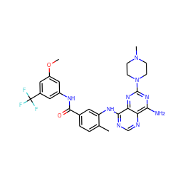 COc1cc(NC(=O)c2ccc(C)c(Nc3ncnc4c(N)nc(N5CCN(C)CC5)nc34)c2)cc(C(F)(F)F)c1 ZINC000148046134