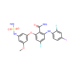 COc1cc(NS(N)(=O)=O)cc(Oc2cc(F)cc(Nc3ccc(I)cc3F)c2C(N)=O)c1 ZINC000653802054