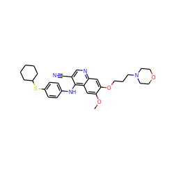 COc1cc2c(Nc3ccc(SC4CCCCC4)cc3)c(C#N)cnc2cc1OCCCN1CCOCC1 ZINC000029212497