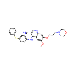 COc1cc2c(Nc3ccc(Sc4ccccc4)cc3)c(C#N)cnc2cc1OCCCN1CCOCC1 ZINC000029212122