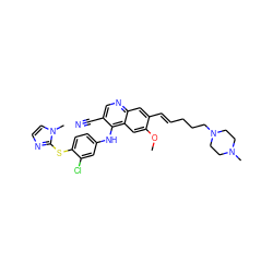 COc1cc2c(Nc3ccc(Sc4nccn4C)c(Cl)c3)c(C#N)cnc2cc1/C=C/CCCN1CCN(C)CC1 ZINC000044350673