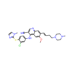 COc1cc2c(Nc3ccc(Sc4nccn4C)c(Cl)c3)c(C#N)cnc2cc1/C=C/CCN1CCN(C)CC1 ZINC000042889524