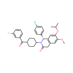 COc1cc2c(cc1OC(C)C)[C@@H](c1ccc(Cl)cc1)N(C1CCC(C(=O)c3cccc(F)c3)CC1)C(=O)C2 ZINC000169708308
