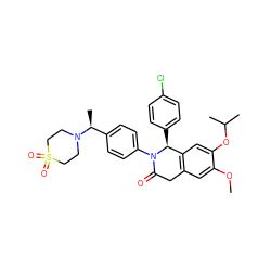 COc1cc2c(cc1OC(C)C)[C@H](c1ccc(Cl)cc1)N(c1ccc([C@H](C)N3CCS(=O)(=O)CC3)cc1)C(=O)C2 ZINC000202412374