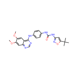 COc1cc2ncnc(Nc3ccc(NC(=O)Nc4cc(C(C)(C)C)on4)cc3)c2cc1OC ZINC000038310185