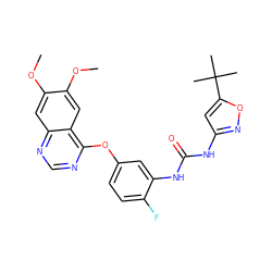 COc1cc2ncnc(Oc3ccc(F)c(NC(=O)Nc4cc(C(C)(C)C)on4)c3)c2cc1OC ZINC000072183824