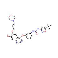 COc1cc2ncnc(Oc3cccc(NC(=O)Nc4cc(C(C)(C)C)on4)c3)c2cc1OCCCN1CCOCC1 ZINC000072181292
