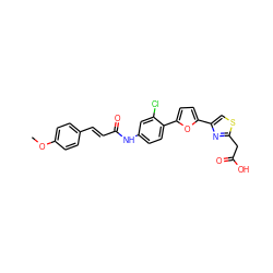 COc1ccc(/C=C/C(=O)Nc2ccc(-c3ccc(-c4csc(CC(=O)O)n4)o3)c(Cl)c2)cc1 ZINC000028524978