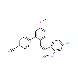 COc1ccc(/C=C2/C(=O)Nc3cc(F)ccc32)c(-c2ccc(C#N)cc2)c1 ZINC000169346123