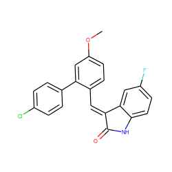 COc1ccc(/C=C2/C(=O)Nc3ccc(F)cc32)c(-c2ccc(Cl)cc2)c1 ZINC000169346129