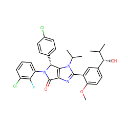COc1ccc([C@@H](O)C(C)C)cc1-c1nc2c(n1C(C)C)[C@@H](c1ccc(Cl)cc1)N(c1cccc(Cl)c1F)C2=O ZINC000169705757